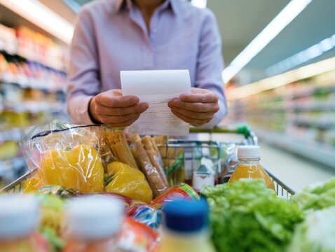 A person reviews a receipt while standing behind a shopping cart filled with groceries in a supermarket aisle.