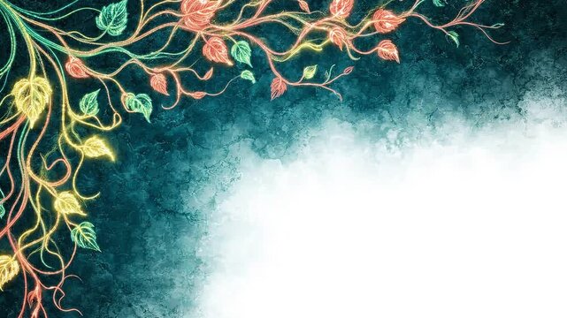 Glowing botanical vine animation featuring intricate light patterns flowing across a deep blue textured background for artistic motion video production