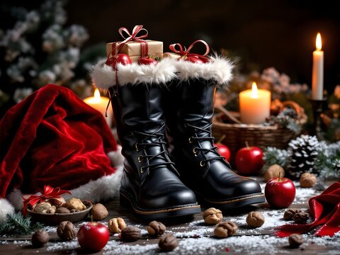 Cozy winter scene featuring boots gift wrapped package candles apples nuts