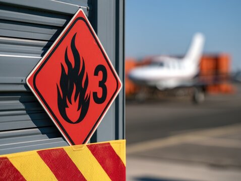 A flammable hazard warning sign with the number 3 is displayed on a metal surface near an airport runway with a small airplane in the background.