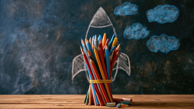 A bundle of colorful pencils tied together with a rocket sketched on a chalkboard behind, symbolizing creativity and imagination.