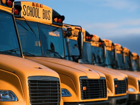 A row of bright yellow school buses lined up under a clear sky, ready for student transportation.