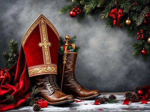 Traditional bishop mitre and boots with Christmas decorations background