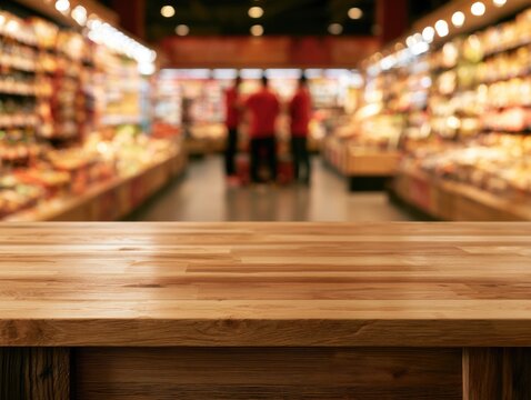 Wooden countertop in focus with a blurred background of a brightly lit grocery store aisle and two people shopping.