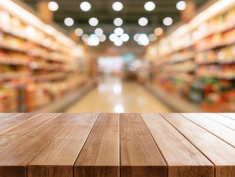 Wooden table surface with blurred supermarket aisles and bright lights in the background, suggesting a retail shopping environment.