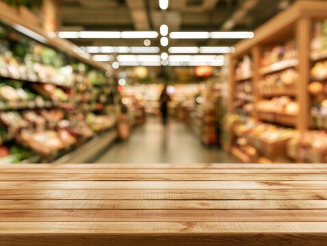 Wooden table surface in focus with a blurred background of a brightly lit grocery store aisle filled with various products.