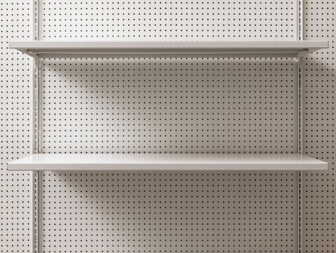 A clean, empty white retail shelf mounted on a pegboard wall, ready for product display in a store or shop setting.