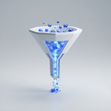 3D geometric sales funnel icon filtering data particles isolated on light background