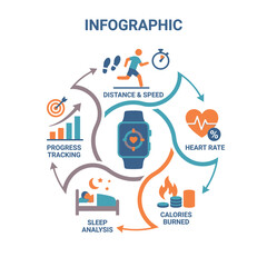Fototapeta premium Circular fitness infographic with central smartwatch and icons.