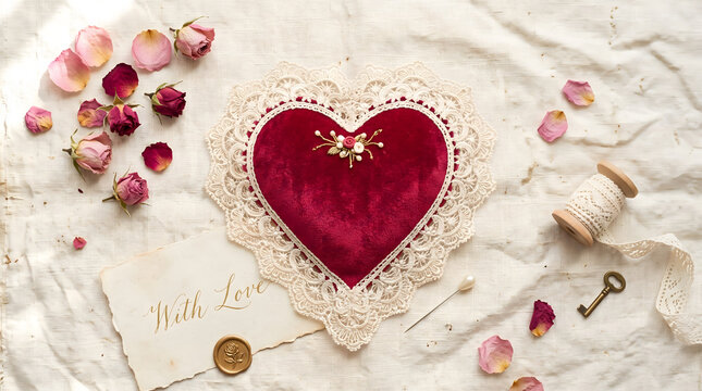 Beautiful vintage red velvet heart pincushion adorned with a golden brooch resting on delicate lace surrounded by dried rose petals a charming 'With Love' card and antique sewing notions evoking