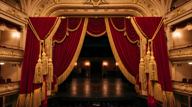 A magnificent empty theater stage with luxurious red velvet curtains elegantly drawn back revealing the dark performance area and ornate gold trim balconies awaiting a grand show or dramatic
