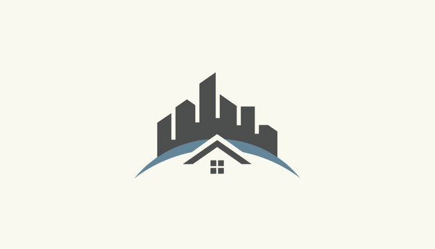 Modern real estate logo combines a grey highrise city skyline with a simple house roof and window over a blue arch line.