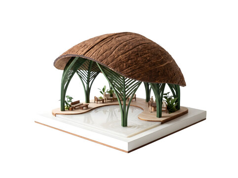Miniature tropical pavilion model with coconut shell roof and palmlike supports, isolated on transparent background