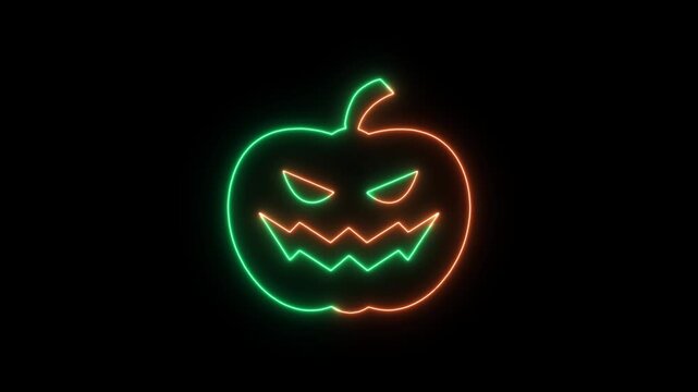 Abstract apple shape made of glowing orange and green neon light lines on a dark black background