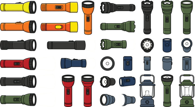 Flashlight and camping lantern vector icon set featuring portable electric torches searchlights and outdoor adventure illumination equipment illustration