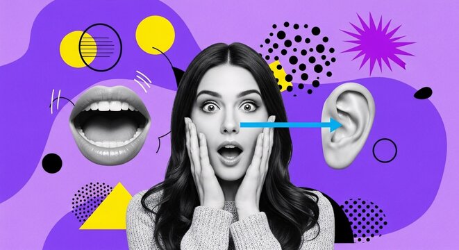 Creative collage of surprised woman with exaggerated facial expressions and abstract geometric elements in vibrant purple and yellow colors for modern design