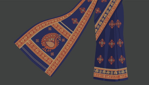 Traditional blue Indian saree features an elegant orange peacock design on the pallu and classic geometric border motifs.