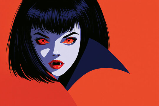 Vampire Illustration Female Gothic Portrait with Red Eyes Sharp Fangs and Black Hair for Halloween Horror Design