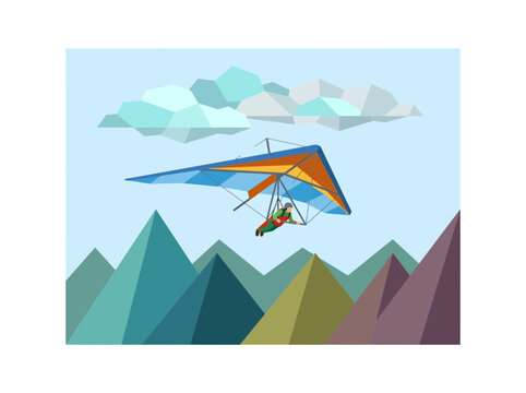 Hang glider flying over geometric mountains