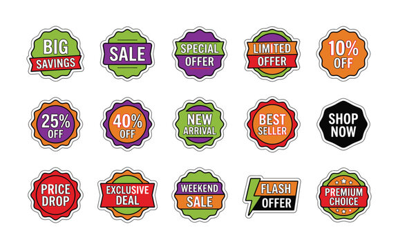 Set of colorful sale badges and retail discount stickers with promotional text isolated on a white background