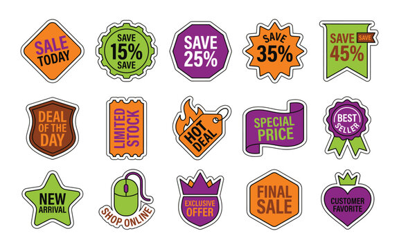 Set of colorful sale and discount badges and stickers for retail marketing isolated on a white background