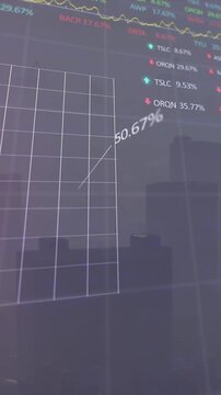 Animation of graphs and trading boards over aerial view of fog covered city against sky