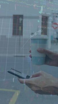Animation of trading board, falling leaves, caucasian woman wearing hijab with coffee using phone