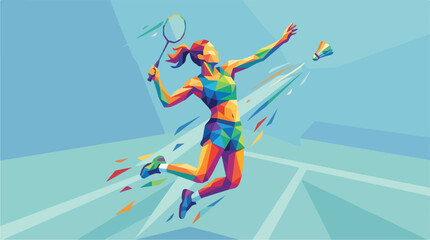 Fototapeta premium Female athlete jumping to hit shuttlecock in low poly style