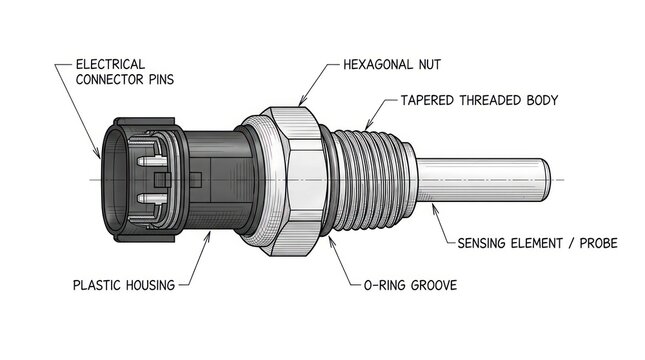 Minimalist Diagram of Threaded Sensor Probe with Hexagonal Nut Electrical Connector Pins and Plastic Housing