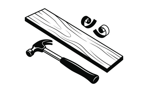 Black and white silhouette illustration of a metal hammer with a wooden plank and wood shavings for carpentry and woodworking projects