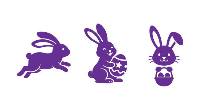 Easter bunny rabbits jumping holding decorated egg and basket vector illustration set with bunny rabbit purple silhouette spring holiday cute rabbit holiday graphic digital