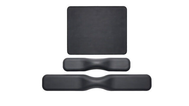 Rectangular black mouse pad with two ergonomic foam wrist rests for keyboard and mouse support isolated on a transparent background