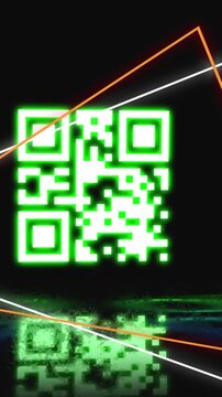 Animation of glowing qr code over neon geometric shapes
