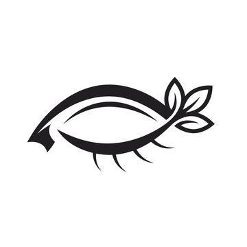 Black silhouette eye icon with green leaves design elements isolated on a clean white background for beauty and nature branding