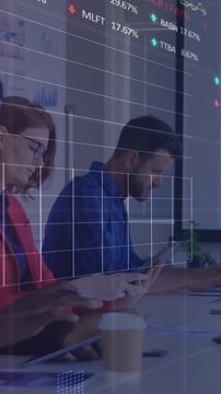 Animation of stock market data processing against diverse team of colleagues working at office