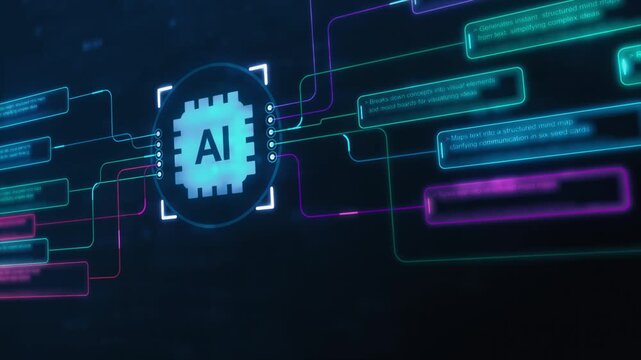 Futuristic Artificial Intelligence Network with Neon Data Connections, Digital AI Chip Interface, Glowing Technology Circuits and Connected Data Streams on a Dark Background