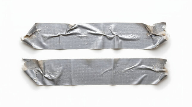 Two crumpled pieces of silver grey duct tape isolated on a clean white background showcasing its texture and adhesive properties for various repair and crafting projects and temporary fixes