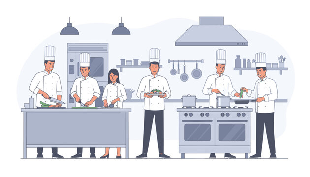 Professional culinary team works together in a busy restaurant kitchen to prepare fresh dishes for dining customers during service.
