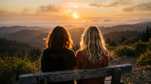 Two women sit on a rustic wooden bench overlooking a vast mountainous landscape at sunset experiencing the awe-inspiring beauty of a partial solar eclipse creating a magical golden hour moment