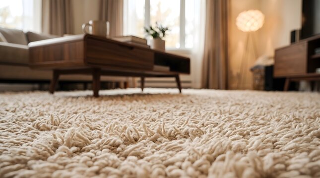 Low Angle View Beige Shaggy Carpet Floor In Cozy Living Room
