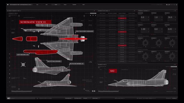 Futuristic Military Aircraft Technical Blueprint HUD Interface Animation.