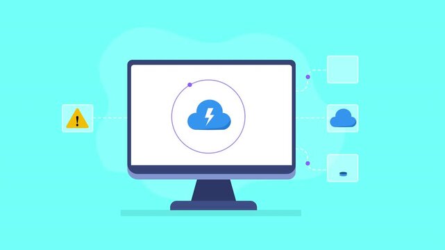 Animated video showing a cloud system alert on a computer monitor, with warning, security, synchronization, and database icons on a bright turquoise background.