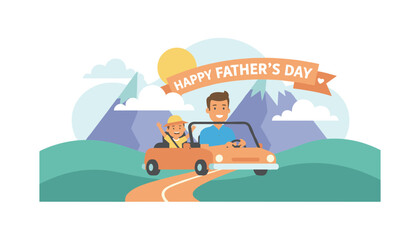 Fototapeta premium Happy fathers day celebration vector illustration featuring a dad and son driving an open-top orange car through a scenic mountain road.
