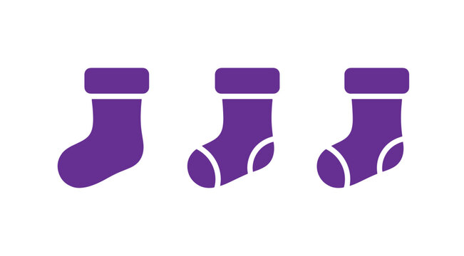 Purple christmas stocking icon collection displaying three cute holiday socks in simple vector style with holiday sock purple icons winter socks holiday symbols stocking set