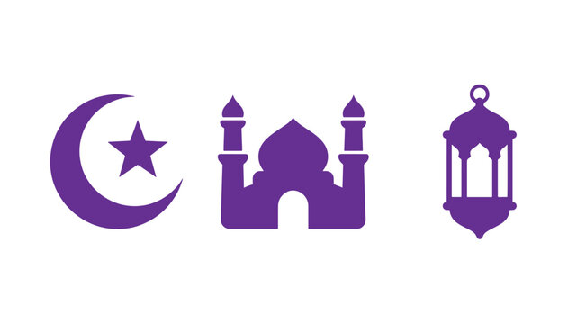 Purple ramadan vector icons with crescent moon and star mosque hanging lantern mosque icon eid vector purple graphics islamic symbols muslim holiday fanous lantern religion