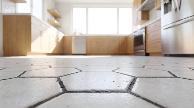 Low Angle View White Hexagon Tile Floor In Bright Modern Kitchen Interior