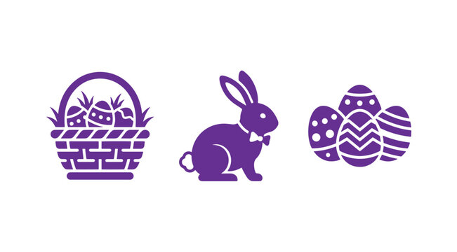 Purple easter basket with painted eggs bunny rabbit with bow tie and decorated eggs set easter icon easter vector rabbit animal painted egg graphic element white background