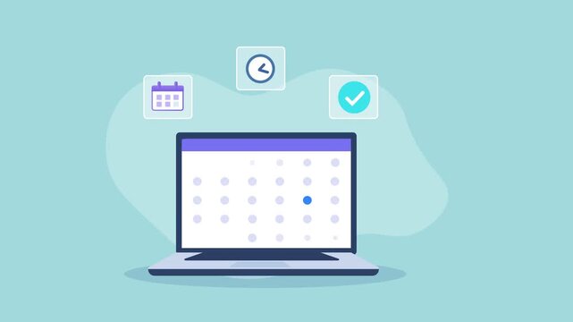 Animated video showing a laptop with a digital calendar interface, surrounded by scheduling, time, and task completion icons on a soft turquoise background.
