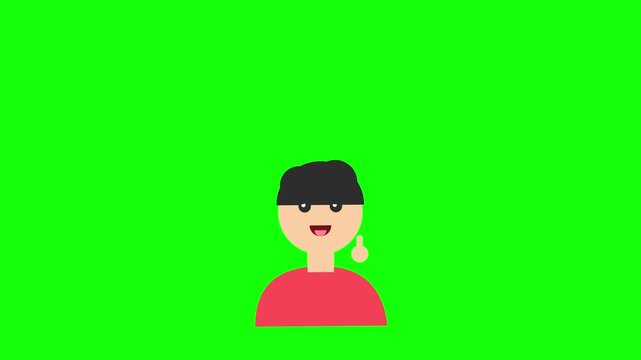 Animated cartoon character thinking and getting a bright idea with a glowing lightbulb, chroma key green screen background