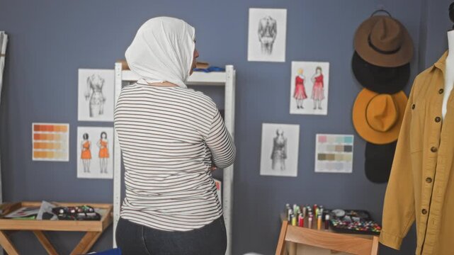 Woman in scarf standing with arms crossed examining dress sketches in studio; creative contemplative.